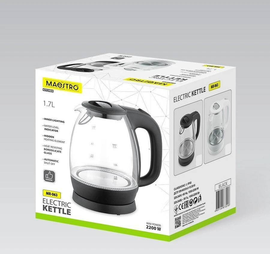 Maestro MR-063-Juodas Glass Electric Virdulys 1,7 L