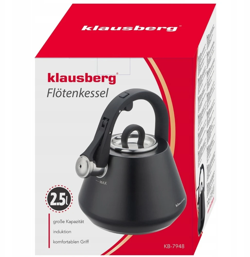 Virdulys, Plieninis virdulys su švilpuku, 2,5 l, matinės juodos spalvos, Klausberg kb-7948