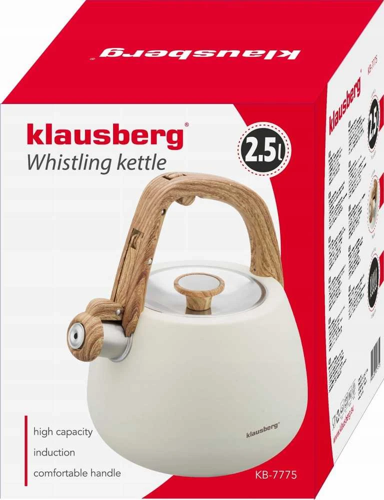 Virdulys, Nerūdijančio plieno švilpimo virdulys, smėlio spalvos su medine rankena, talpa 2,5 l, klausberg, KB-7775