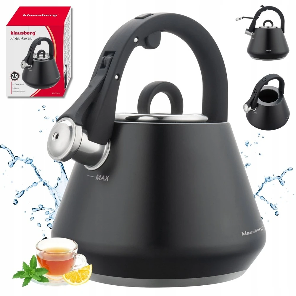 Virdulys, Plieninis virdulys su švilpuku, 2,5 l, matinės juodos spalvos, Klausberg kb-7948
