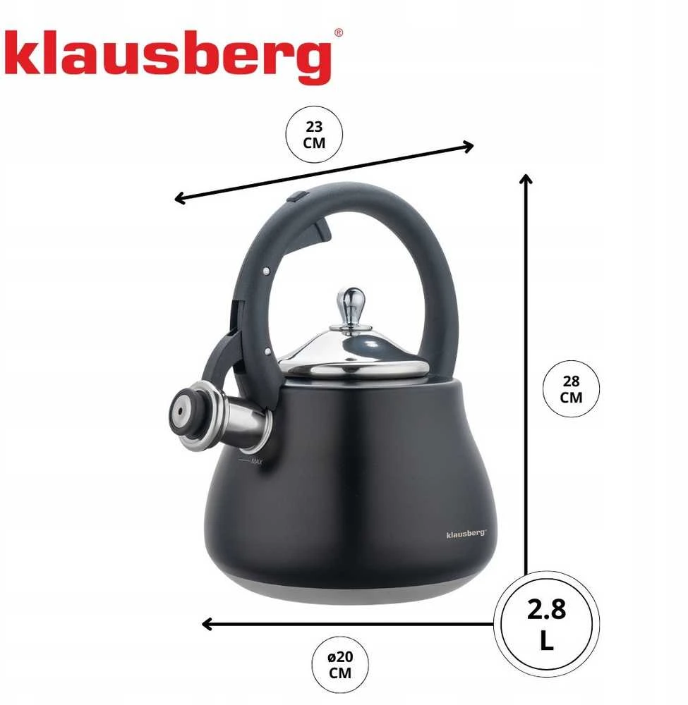 Virdulys, Švilpiantis virdulys, nerūdijančio plieno, juodas su sidabro elementais, 2,8 l, Klausberg, kb-7918