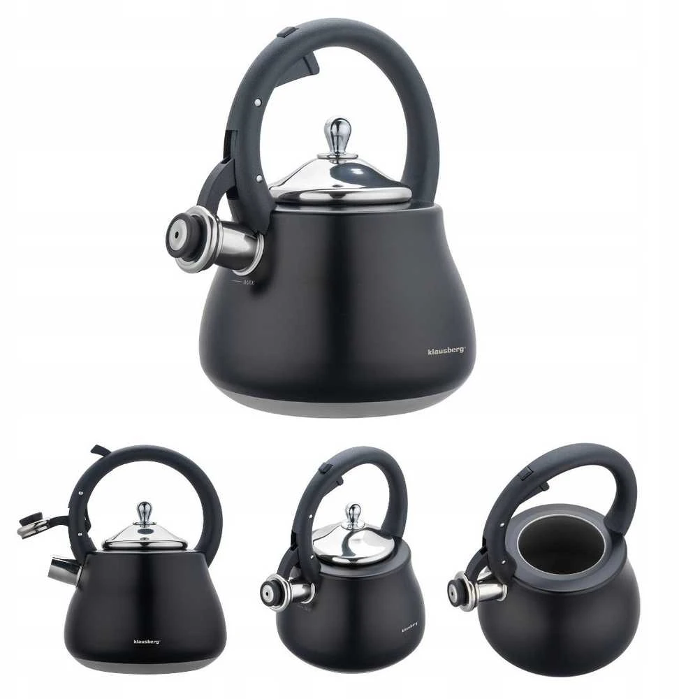 Virdulys, Švilpiantis virdulys, nerūdijančio plieno, juodas su sidabro elementais, 2,8 l, Klausberg, kb-7918