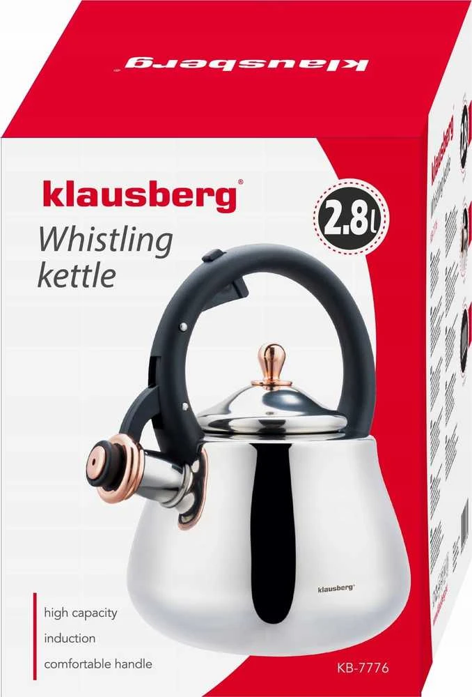 Virdulys, Nerūdijančio plieno virdulys su švilpuku, sidabro spalvos su rožinio aukso elementais, talpa 2,8 l, Klausberg, kb-7776