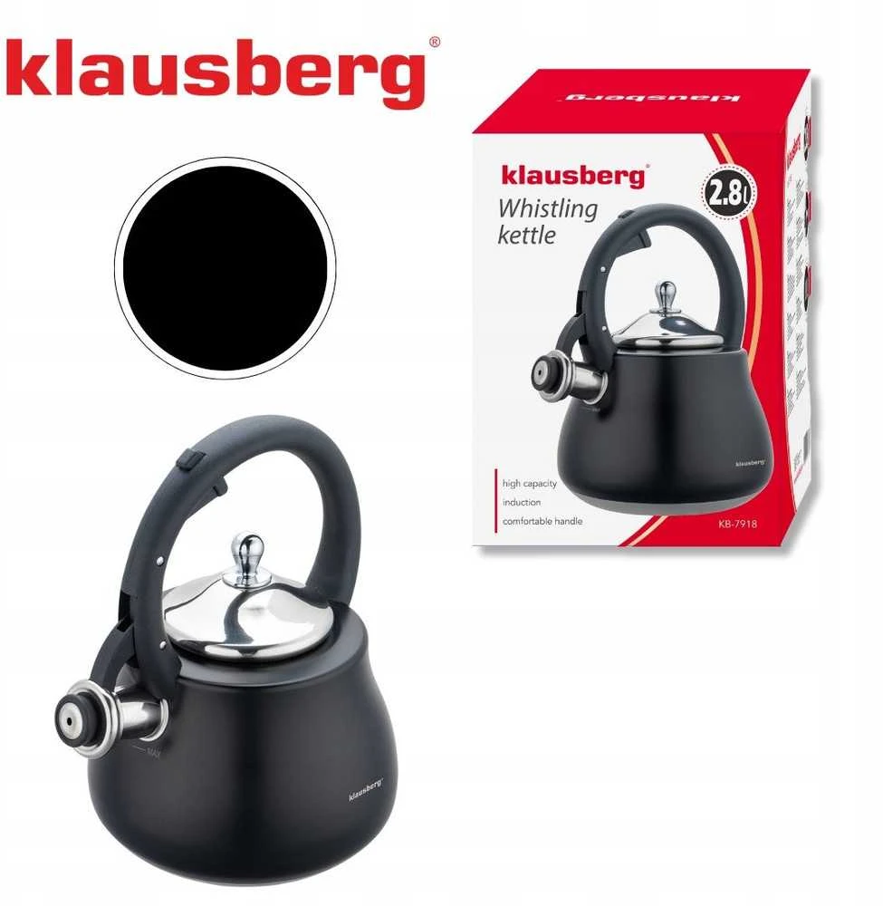 Virdulys, Švilpiantis virdulys, nerūdijančio plieno, juodas su sidabro elementais, 2,8 l, Klausberg, kb-7918