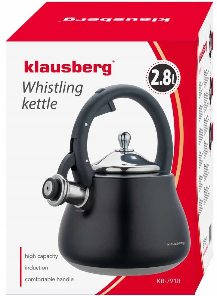 Virdulys, Švilpiantis virdulys, nerūdijančio plieno, juodas su sidabro elementais, 2,8 l, Klausberg, kb-7918