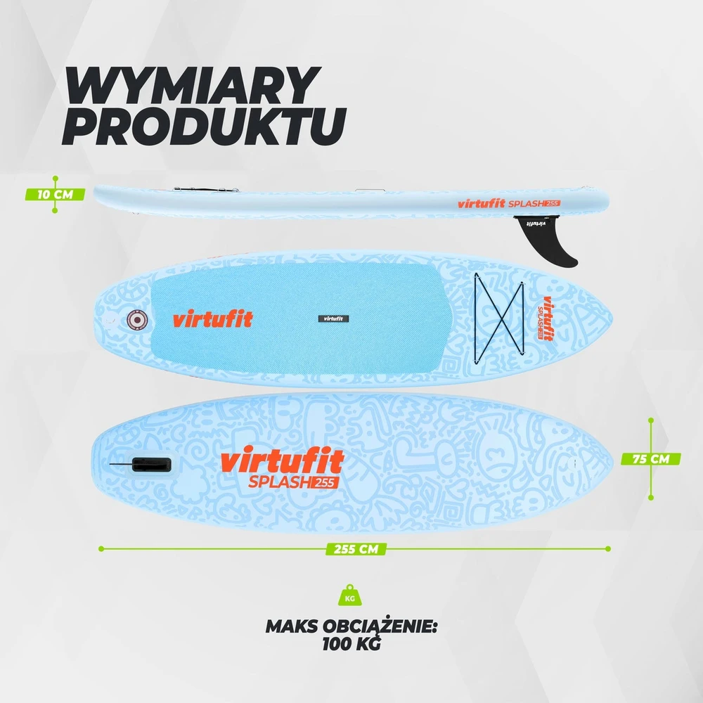 Virtufit SUP lenta Splash 255 Light Mėlyna su irklu 255 cm 100 kg