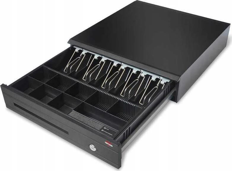 Virtuos pinigų stalčius C425C, su 24V laidu, metalinėmis rankenomis, 9-24V, juodas