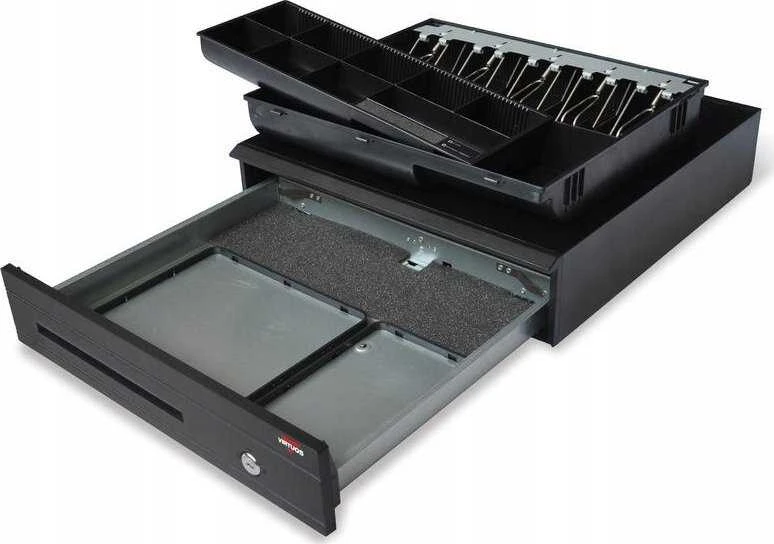 Virtuos pinigų stalčius C425C, su 24V laidu, metalinėmis rankenomis, 9-24V, juodas