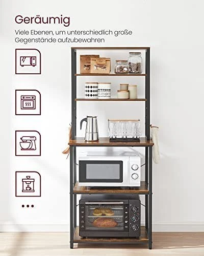 Virtuvės lentyna, stacionari virtuvės lentyna, mikrobangų krosnelės lentyna, stovi, 6 lentynos ir 6 kabliukai, mikrobangų krosnelei, plieno rėmas