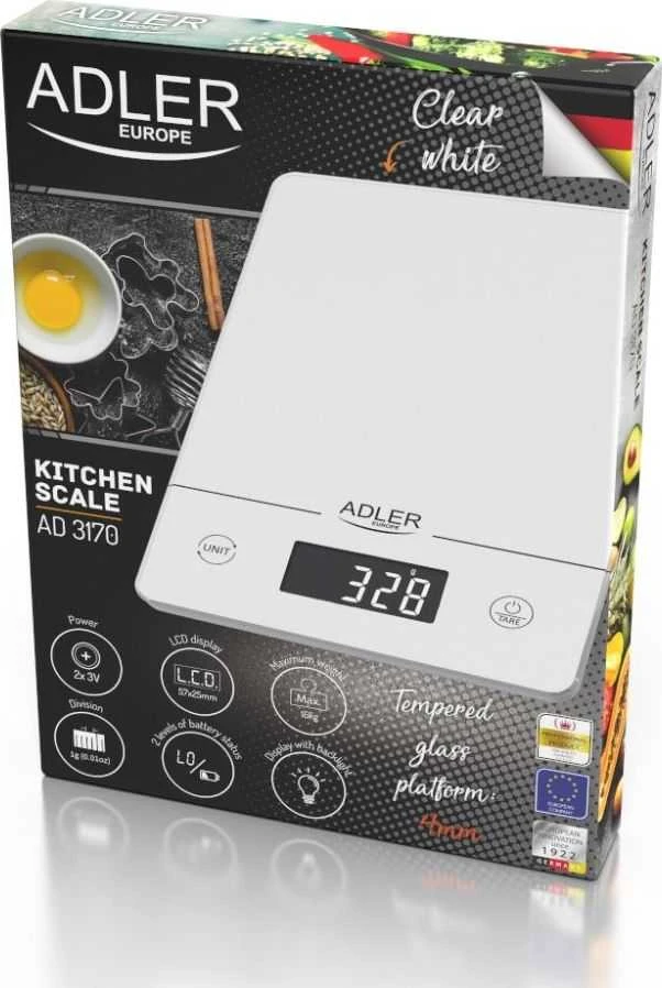 Adler | Virtuvinės svarstyklės | AD 3170 | Didžiausias svoris (talpa) 15 kg | Graduacija 1 g | Ekrano tipo LCD | Baltas