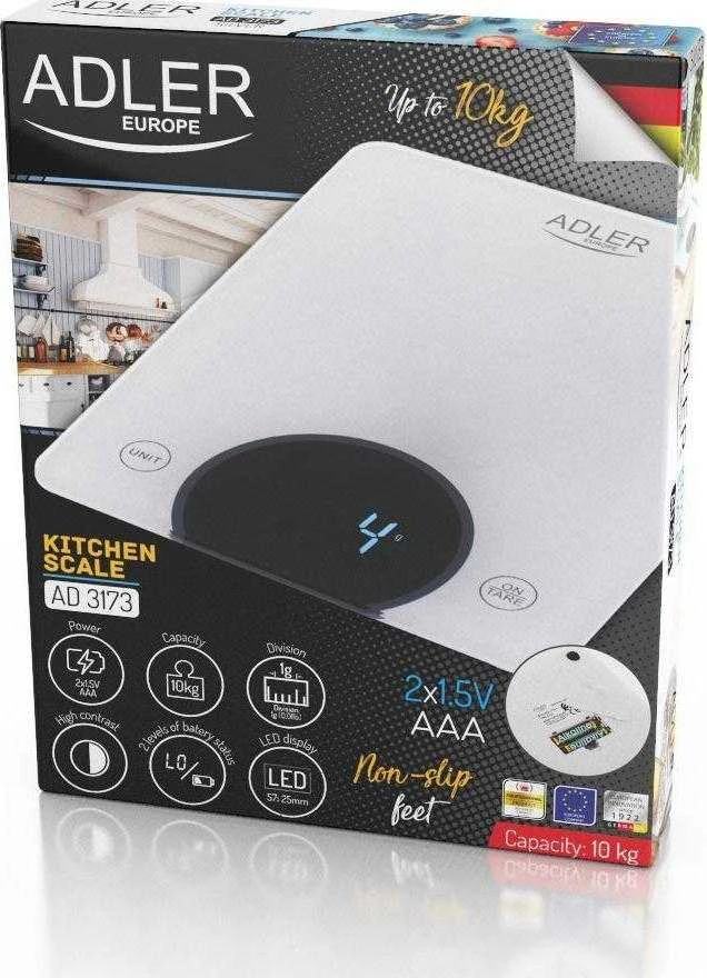 Virtuvinės svarstyklės Adler | Virtuvės svarstyklės | AD 3173w | Didžiausias svoris (talpa) 10 kg | Graduacija 1 g | Ekrano tipo LED | Baltas
