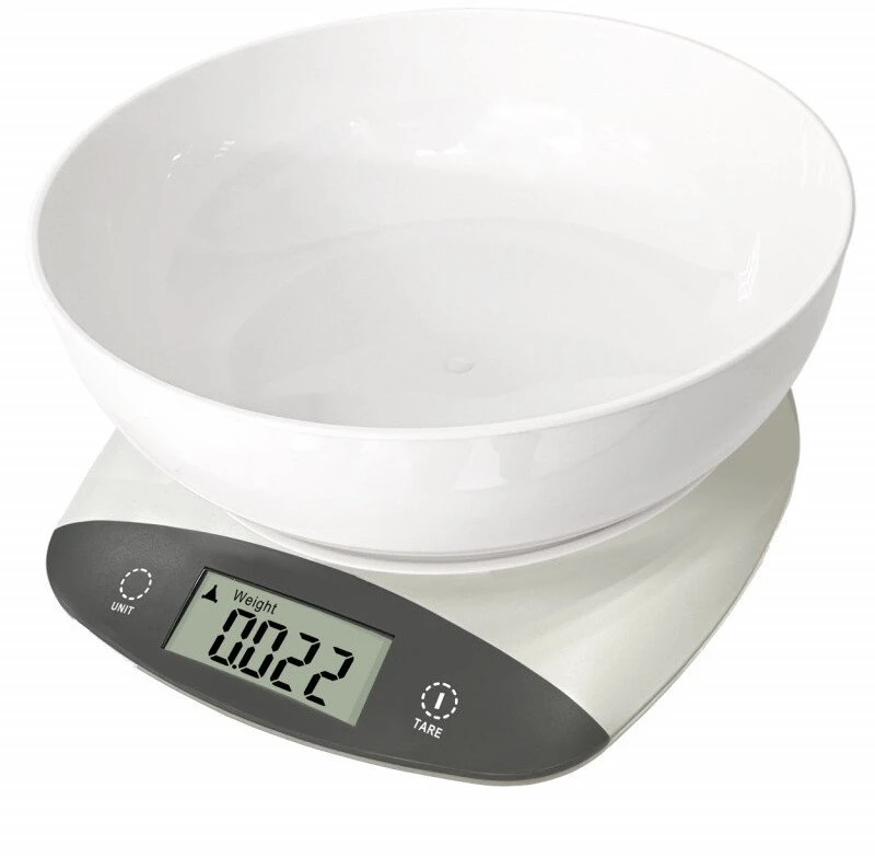 Virtuvinės svarstyklės su dubeniu Rosberg R51651Q, 5kg, 2 x AAA baterijos, LED ekranas