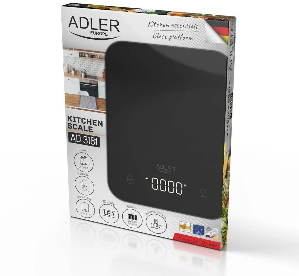 Virtuvinės svarstyklės Adler Kitchen Scale | AD 3181b | Graduation 1 g | Ekranas type LED | Juodas
