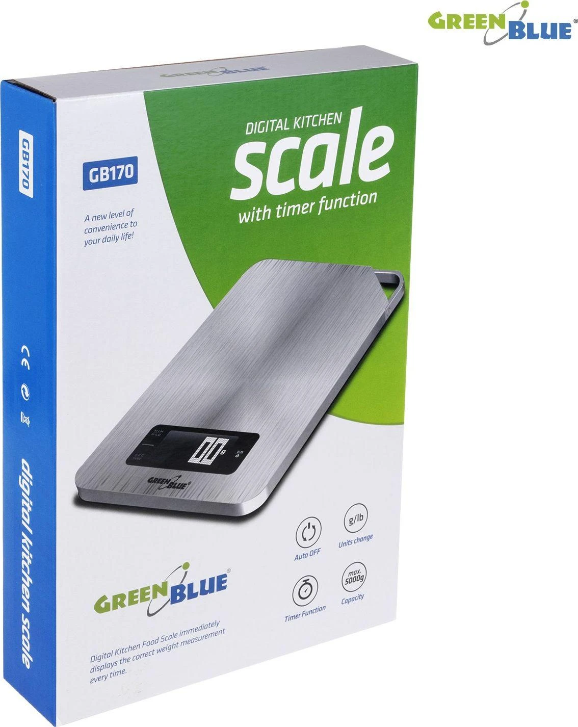 Virtuvinės svarstyklės Svarstyklės Skaitmeninės virtuvės svarstyklės su laikmačiu GreenBlue GB170 min 1g max 5000g