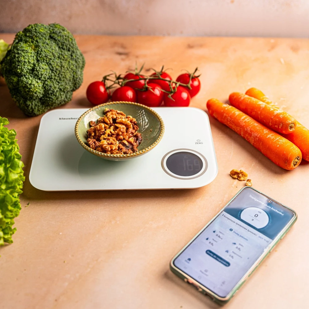 Virtuvinės svarstyklės Svarstyklės „Bluetooth“ virtuvės svarstyklės, dietinės, 5kg kalorijų analizės, grūdinto stiklo, „Klausberg“