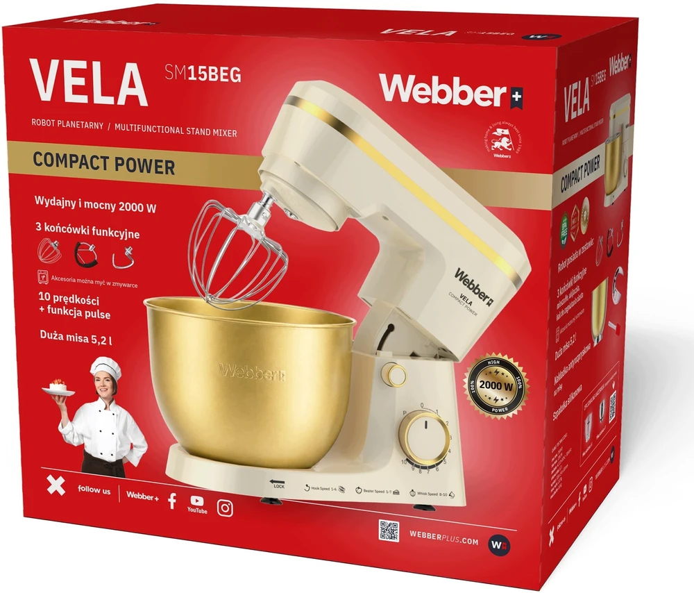 Virtuvinis kombainas Planetinis robotas Webber Virtuvinis planetinis mikseris SM15 2000 W, 5,2 l dubuo, daugiafunkcis (05SM15BEG)