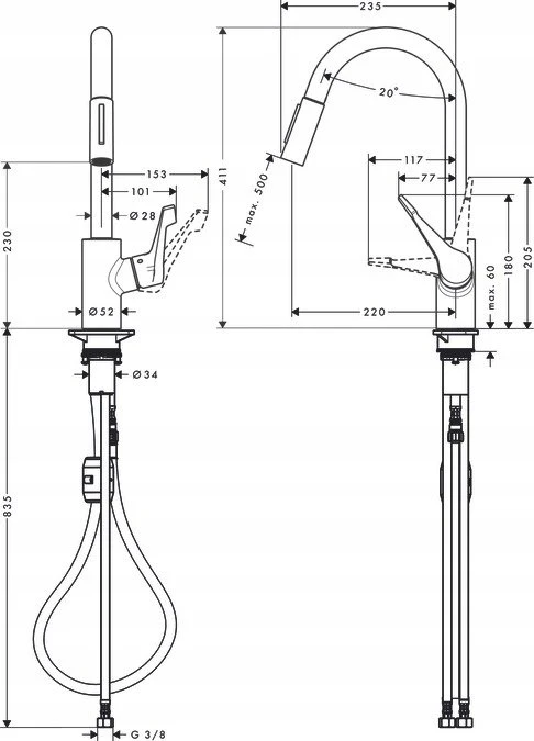 Hansgrohe HG „pasidaryk pats“ Cento XL virtuvinis maišytuvas su ištraukiamu chromuotu snapeliu HG nr. 14803