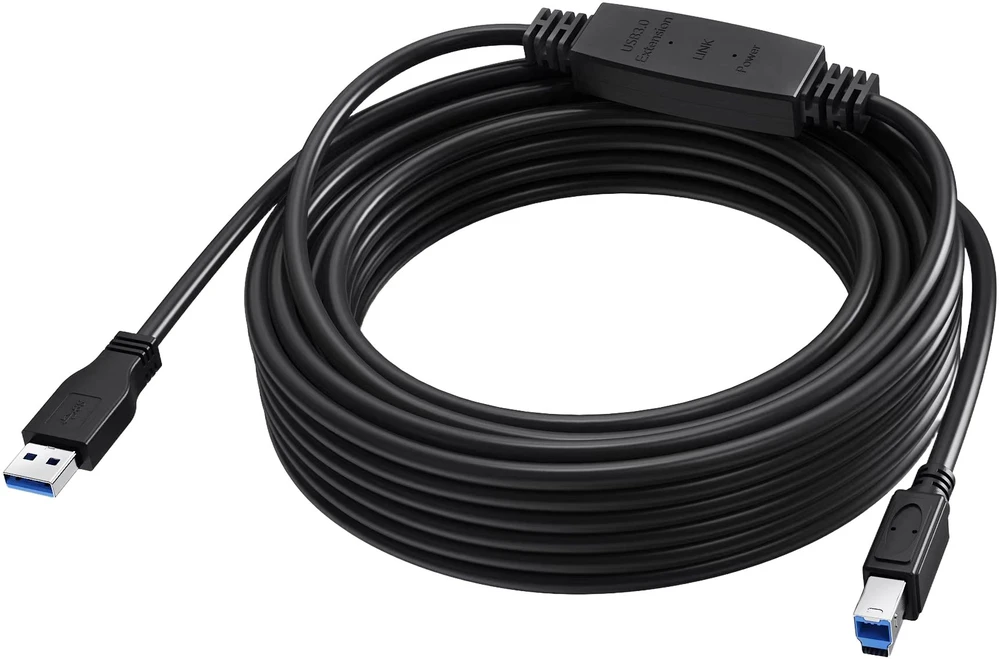 Vision 10 m USB 3.0 kabelis - aktyvus stiprintuvas kabelio viduje - nikeliuoti jungtys - pralaidumas 5 Gbps - USB A (m) į USB B (m) - skersmuo 5,5 mm - 28+24 awg - juoda (TC 10MUSB3.0+/BL)