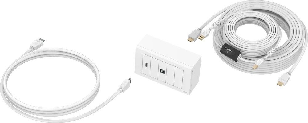 Vision Techconnect Modulares AV-Panel mit Kabeln - LEBENSLANGE GARANTIE - 10 Meter Kabelis - 4K bei 60 Hz - Einfaches Paket zur Installation von Touchpanel-Displays oder Projektoren - Enthalt britische Doppel-Gang-Aufputzdose und Doppel-Gang-Rahmen fur