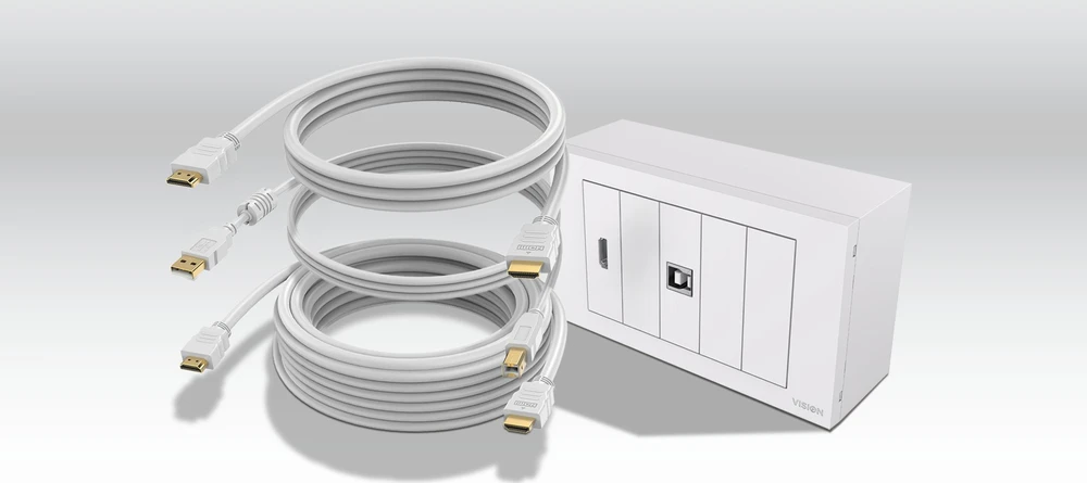 Vision Techconnect Modulares AV-Panel mit Kabeln - LEBENSLANGE GARANTIE - 10 Meter Kabelis - 4K bei 60 Hz - Einfaches Paket zur Installation von Touchpanel-Displays oder Projektoren - Enthalt britische Doppel-Gang-Aufputzdose und Doppel-Gang-Rahmen fur