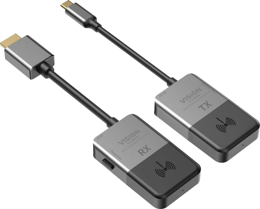 Vision siųstuvas prijungiamas prie nešiojamojo kompiuterio USBC prievado - Belaidžiu būdu perduoda HDMI signalą iki 10 m - Imtuvas prijungiamas prie ekrano HDMI prievado - raiška iki 4K esant 30 Hz - optimizuotas naudoti ženklinimo ir pristatymų srityse