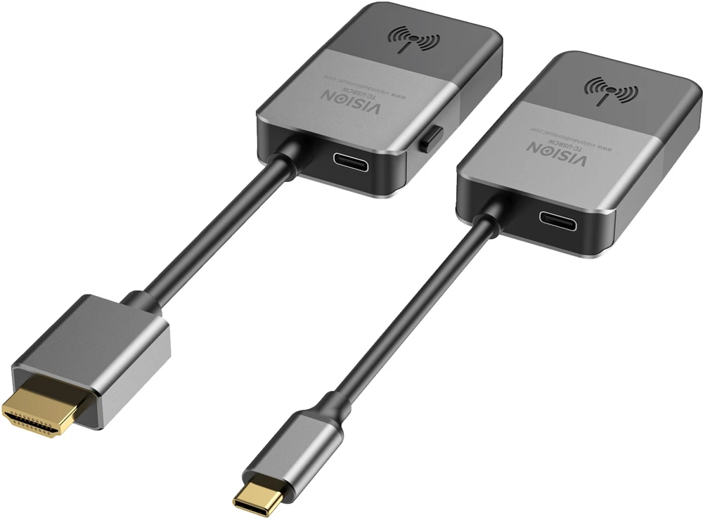 Vision siųstuvas prijungiamas prie nešiojamojo kompiuterio USBC prievado - Belaidžiu būdu perduoda HDMI signalą iki 10 m - Imtuvas prijungiamas prie ekrano HDMI prievado - raiška iki 4K esant 30 Hz - optimizuotas naudoti ženklinimo ir pristatymų srityse