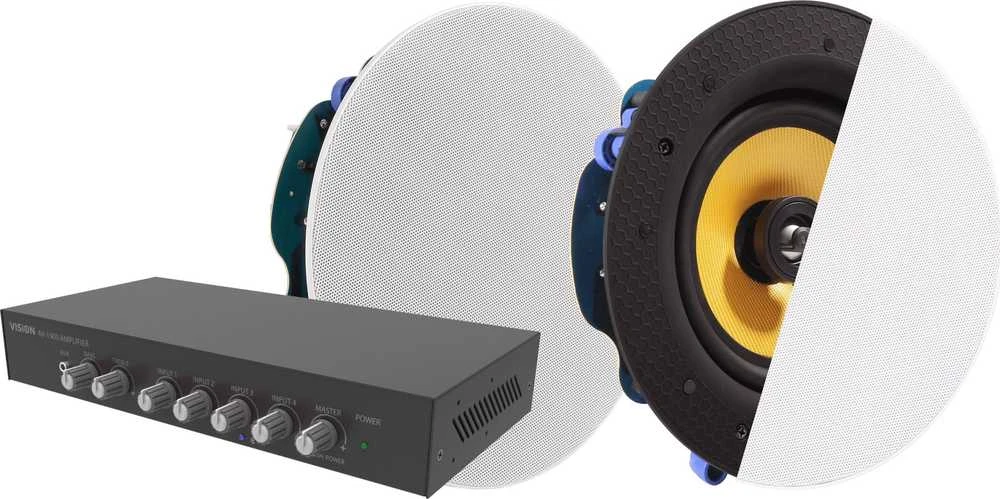 Vision Profesjonalny cyfrowy mikser audio-wzmacniacz - 2 x 50 W (RMS @ 8 Ohm) - RS-232 - Bluetooth (możliwość zmiany, ustalony PIN) - 4 x wejścia, każde albo wysokopoziomowe, albo mikrofonowe (symetryczne su regulacją Trim i wyłącznikiem