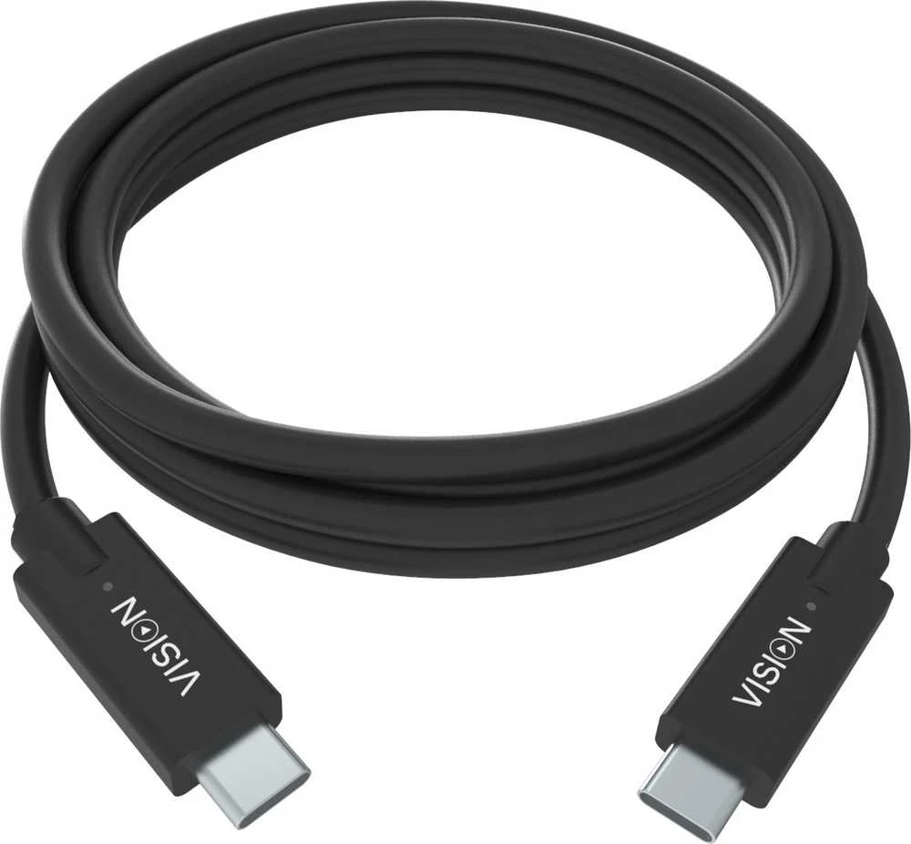 Vision VISION profesionalus USB-C laidas, skirtas montavimui – 30 metų garantija – USB 3.2 Gen 1 5 Gbps – palaiko 3 A įkrovimo srovę – USB-C 3.2 (M) į USB-C 3.2 (M) – 4,5 mm išorinis skersmuo – 22 + 30 AWG – 2 m – juodas