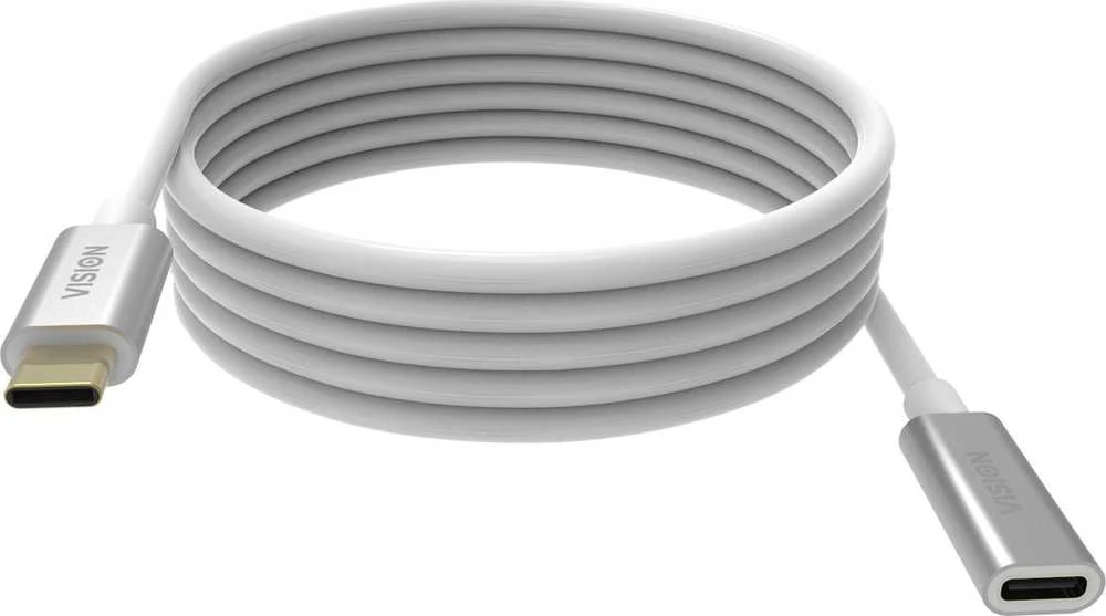 Vision VISION profesionalus USB-C prailginimo kabelis, skirtas montavimui – 30 metų garantija – USB 3.2 Gen 1 5 Gbps – palaiko 3 A įkrovimo srovę – USB-C 3.2 (M) į USB-C 3.2 (F) – išorinis skersmuo 4,5 mm – 22 + 30 AWG 2 m – baltas