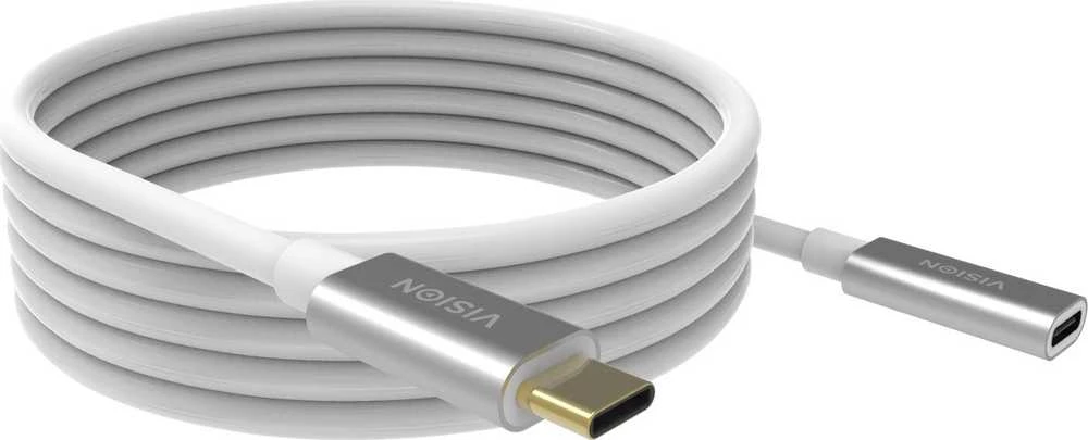 Vision VISION profesionalus USB-C prailginimo kabelis, skirtas montavimui – 30 metų garantija – USB 3.2 Gen 1 5 Gbps – palaiko 3 A įkrovimo srovę – USB-C 3.2 (M) į USB-C 3.2 (F) – išorinis skersmuo 4,5 mm – 22 + 30 AWG 2 m – baltas