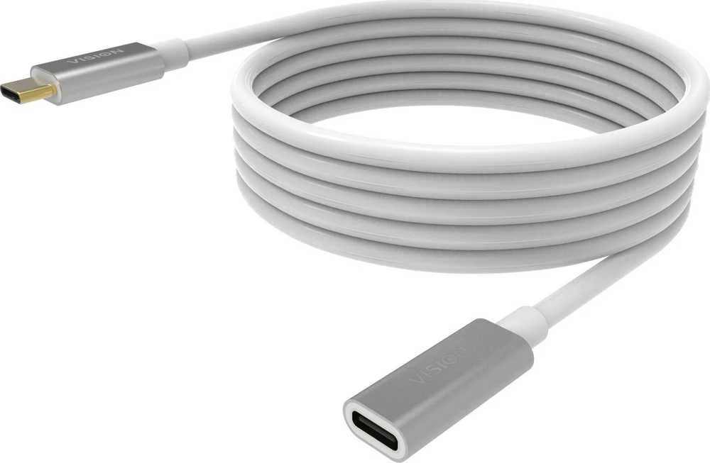 Vision VISION profesionalus USB-C prailginimo kabelis, skirtas montavimui – 30 metų garantija – USB 3.2 Gen 1 5 Gbps – palaiko 3 A įkrovimo srovę – USB-C 3.2 (M) į USB-C 3.2 (F) – išorinis skersmuo 4,5 mm – 22 + 30 AWG 2 m – baltas