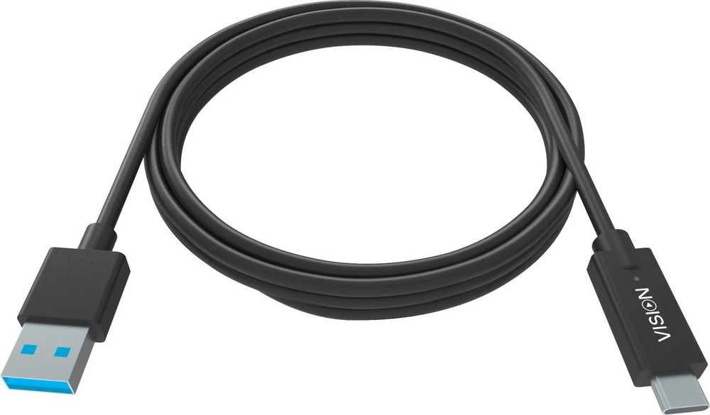 „Vision VISION“ profesionalus USB-C–USB-A laidas, skirtas montavimui – 30 metų garantija – 5 Gbps pralaidumas – palaiko 3 A įkrovimo srovę – USB-C 3.1 (M)–USB-A 3.0 (M) – 4,0 mm išorinis skersmuo – 22 + 30 AWG 1 m – juodas