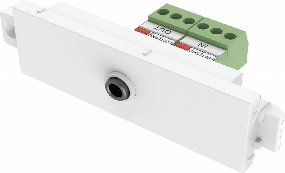 Vision Techconnect Modulare AV-Frontplatte - 30 JAHRE GARANTIE - 3,5-mm-Miniklinken-Modul - zur Verwendung mit einem Stereo-Audiokabel - Durchsteckklemme an der Ruckseite - TRS - Blankdraht-Phoenix-Anschluss an der Ruckseite - kann in Techconnect Rah