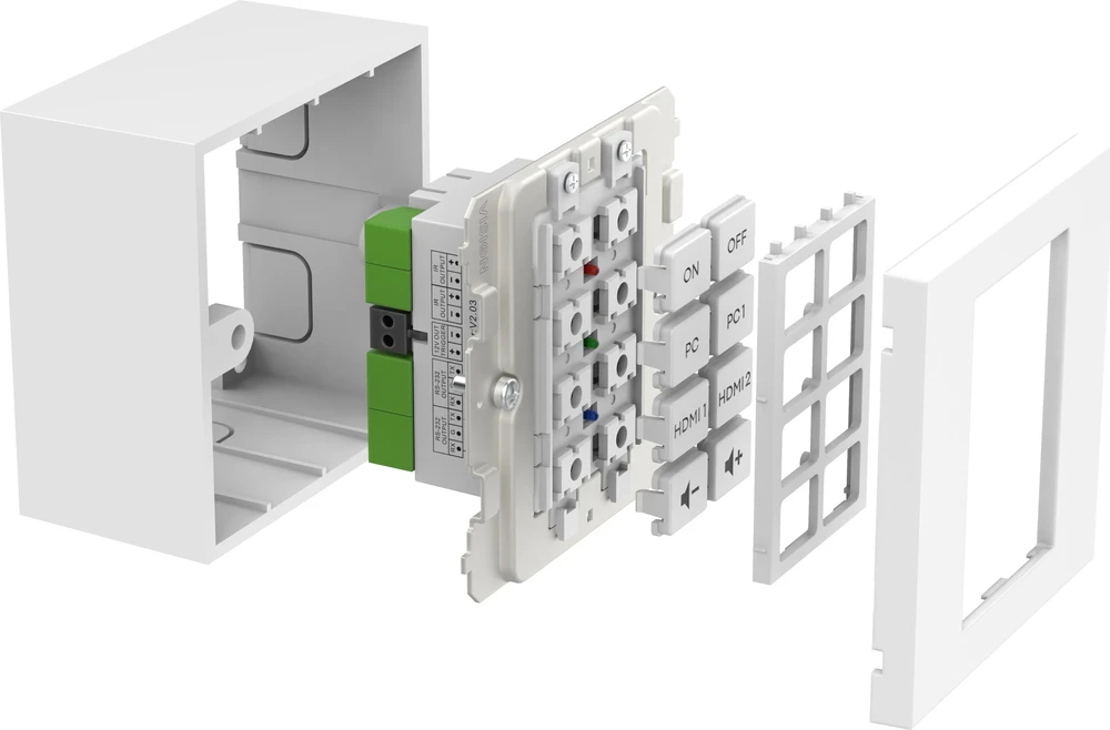 System przekazu sygnału AV Vision Techconnect Faceplate Steuermodul - LEBENSLANGE GARANTIE - 8 Tasten - lernt Infrarot-Fernbedienungscodes von anderen Fernbedienungen - unterstutzt RS-232, 12V-Ausloser, Planung - mehrere Befehle pro Taste - Doppelraummodu