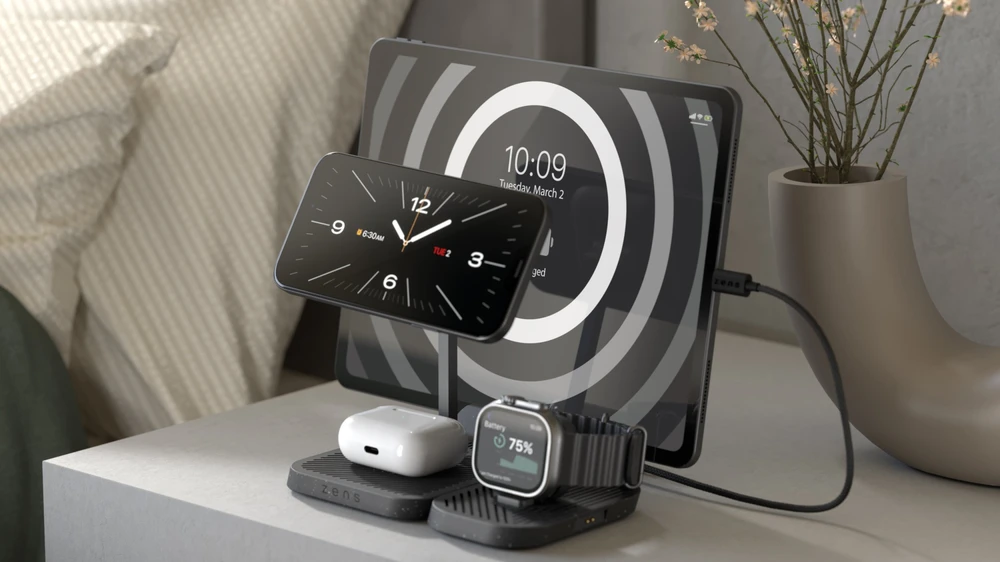 Vision ZENS 4-in-1 - Kabelloses Ladegerat - modular, mit iPad-Ladestander + AC-įkroviklis - 30 Watt - auf Kabelis: USB-C - Juodas - fur Apple AirPods with MagSafe Charging Case, AirPods Pro, iPhone 12, 13, 14