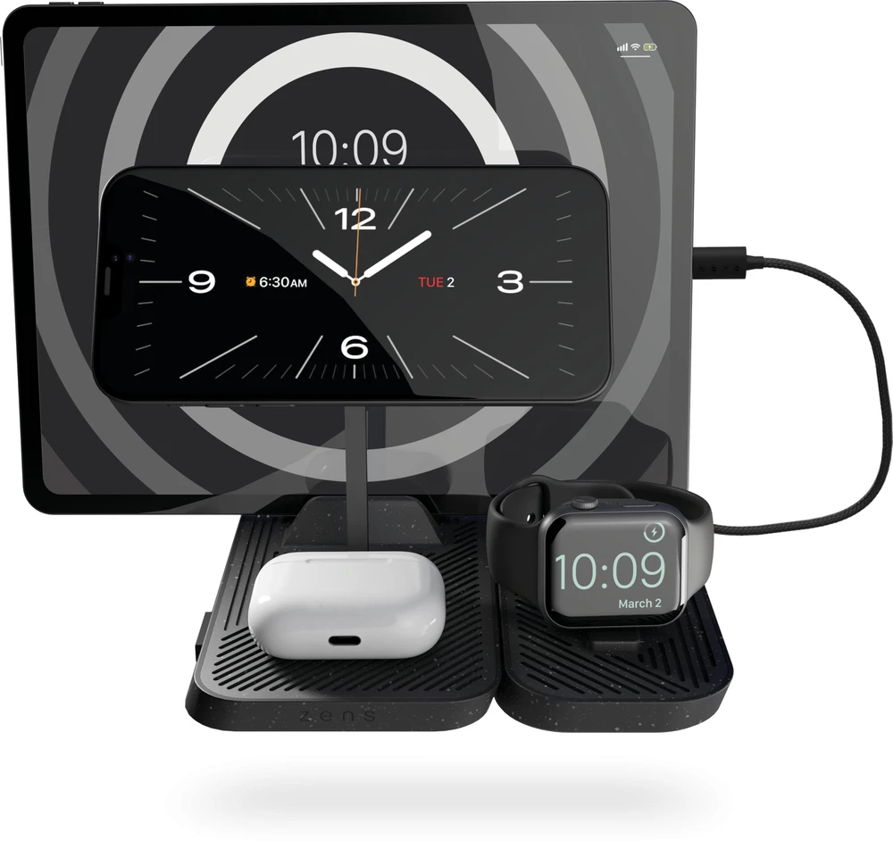 Vision ZENS 4-in-1 - Kabelloses Ladegerat - modular, mit iPad-Ladestander + AC-įkroviklis - 30 Watt - auf Kabelis: USB-C - Juodas - fur Apple AirPods with MagSafe Charging Case, AirPods Pro, iPhone 12, 13, 14
