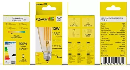 Visional ST64 LED Filament Spuldze E27 12W 3000K 1380lm Dzintara Stikls 220–240V RA>80
