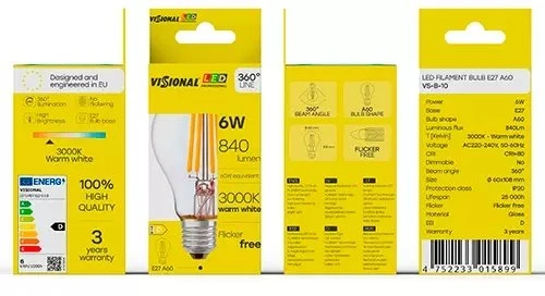 Visional A60 LED kaitrinė lemputė E27 6W 3000K 840lm skaidraus stiklo 220–240V RA>80