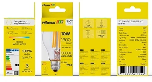 Visional A60 LED Filamentu Spuldze E27 10W 3000K 1300lm Skaidrs Stikls 220–240V RA>80
