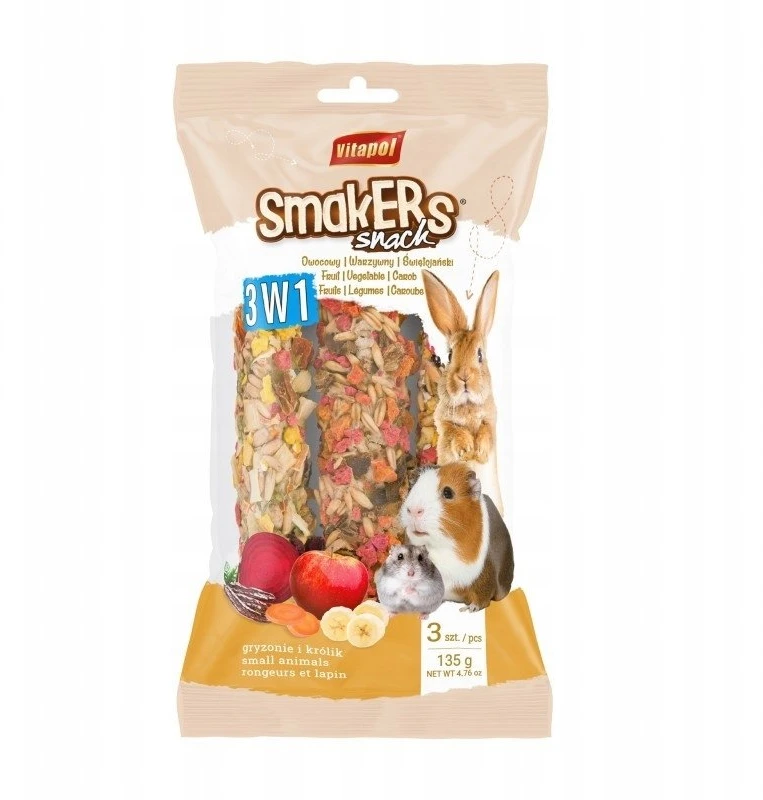 Vitapol Smakers 3in1 graužikams ir triušiui (daržovių/ šv. Jono/ vaisių) folijoje 135 g 6 vnt./display