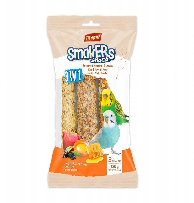 Vitapol Smakers 3in1 papūgėlėms banguotosioms folijoje, (kiaušinių, medaus, vaisių), 130 g, 6 vnt./display