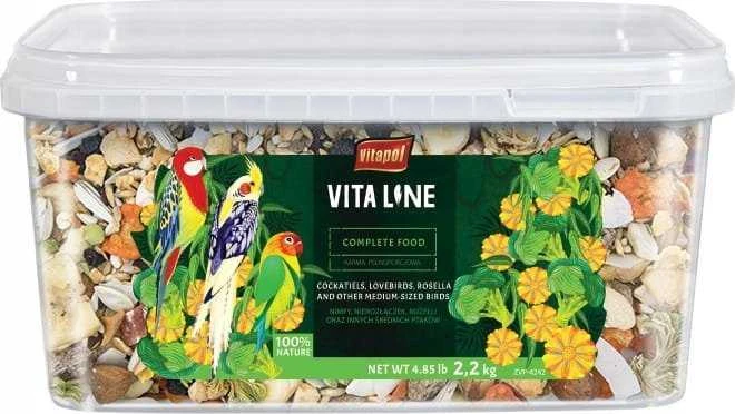 Vitapol Vitaline Visavertis pašaras kakutėms, meilužėms, rozeloms ir kitoms vidutinio dydžio papūgoms, kibiras 2,2kg