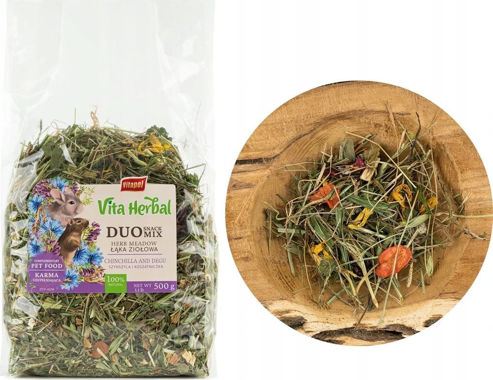 Vitapol VITAPOL - VITA HERBAL duo užkandis pievų šienas su žolelėmis šinšiloms ir kosetėms 500g