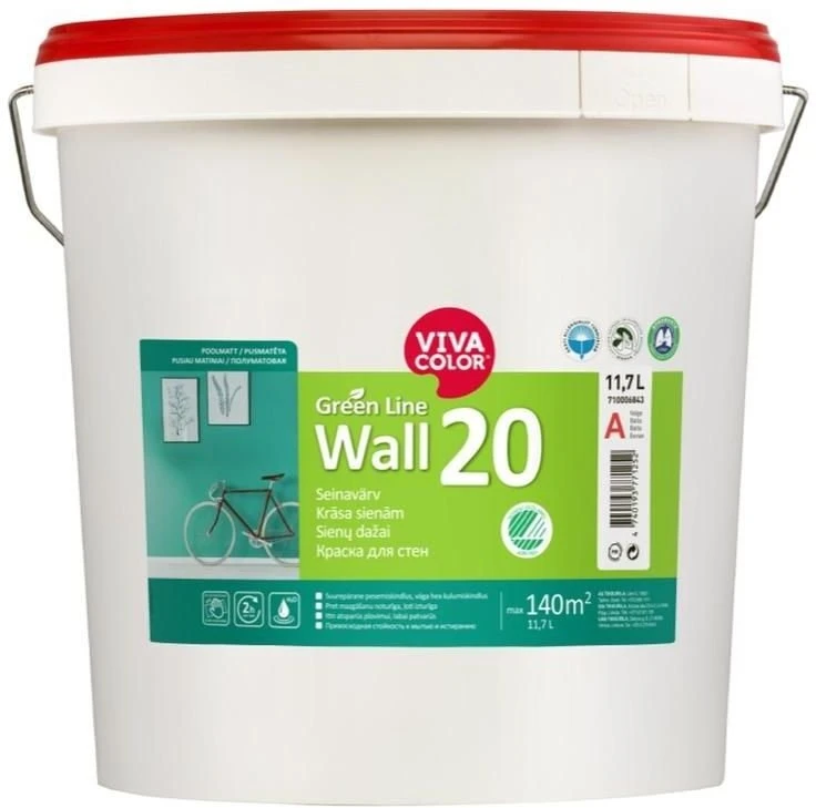 Sienų dažai VIVACOLOR Žalias LINE WALL 20, pusiau matiniai, baltos sp., A bazė, 11,7 l