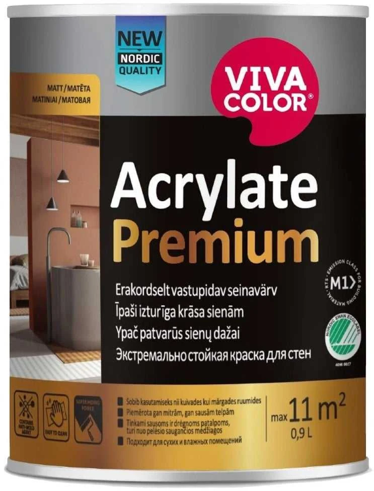 Sienų ir lubų dažai VIVACOLOR ACRYLATE PREMIUM, atsparūs drėgmei, matiniai, A bazė, 0,9 l