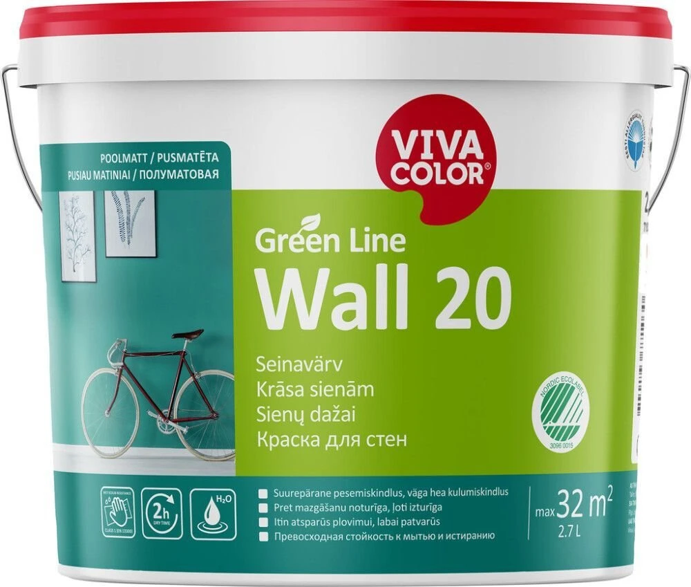 Sienų dažai VIVACOLOR Žalias LINE WALL 20, pusiau matiniai, C bazė, 2,7 l