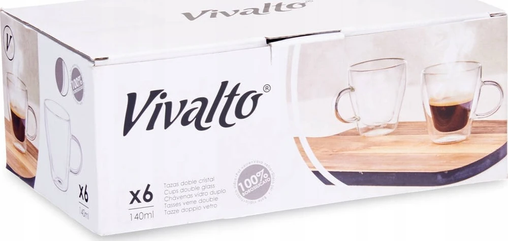 Kinvara Vivalto Dvigubų sienelių termo stiklinių kavai arba arbatai rinkinys, 6 puodeliai, 140 ml