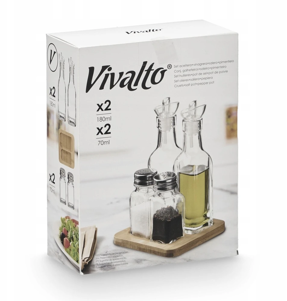„Vivalto“ prieskonių ir aliejaus rinkinys su mediniu pagrindu, 4 elementai