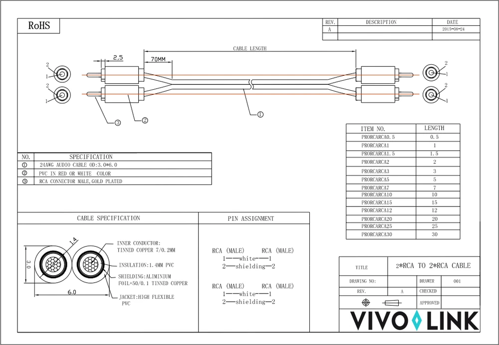 VivoLink RCA (Cinch) x2 - RCA (Cinch) x2 kabelis 7m juodas (PRORCARCA7)