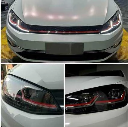 Volkswagen Golf 7 priekiniai žibintai su raudona linija